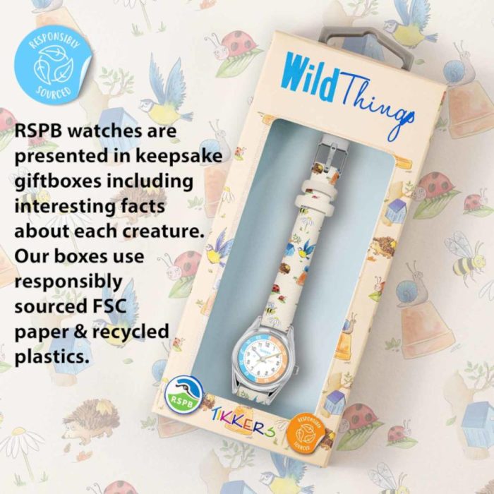 Tikkers RSPB Wild Things White Printed Leather Strap TKRSPB06