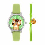 Tikkers WWF Tiger Green Leather Strap & Tiger Charm Bracelet Gift Set TKWWF003