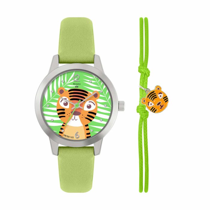 Tikkers WWF Tiger Green Leather Strap & Tiger Charm Bracelet Gift Set TKWWF003