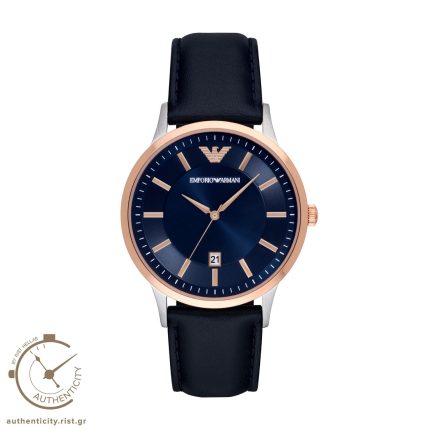 EMPORIO ARMANI RENATO TWO TONE STAINLESS STEEL BLUE LEATHER STRAP