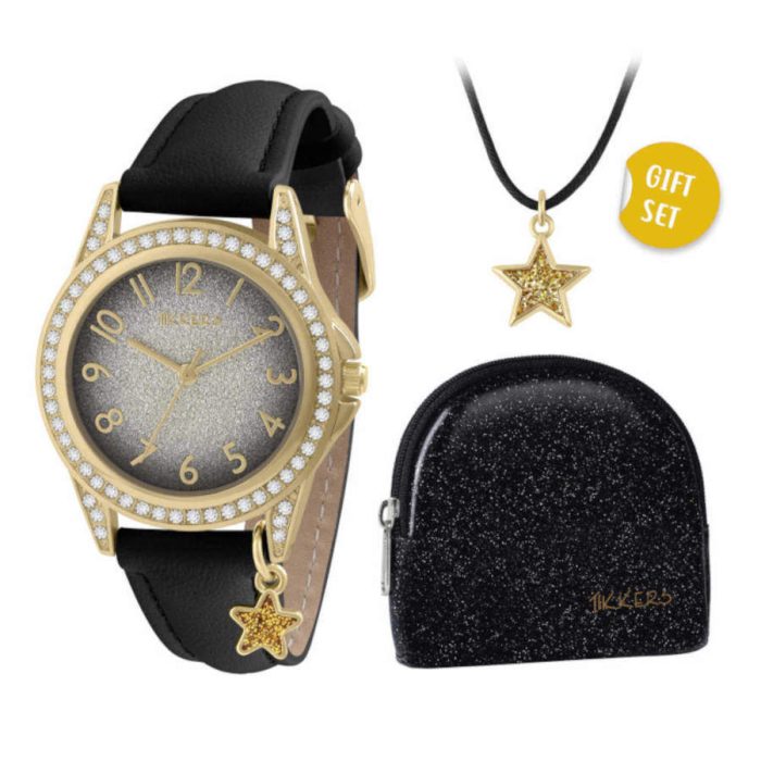 Tikkers Crystals Black Leather Strap Gift Set ATK1109