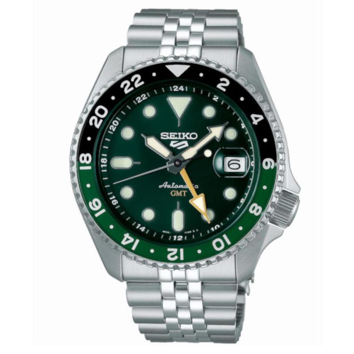 Seiko 5 Sports SKX GMT Bi-Colour Green Automatic Silver Stainless Steel Bracelet SSK035K1